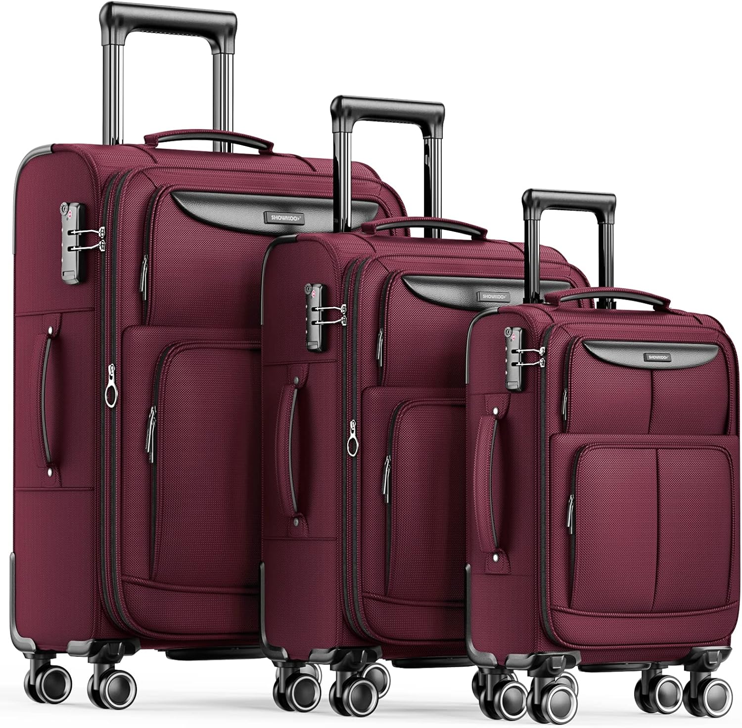 SHOWKOO Luggage Sets 3 Piece Softside Expandable Lightweight Durable Suitcase Sets Double Spinner Wheels TSA Lock Wine Red (20in\/24in\/28in)