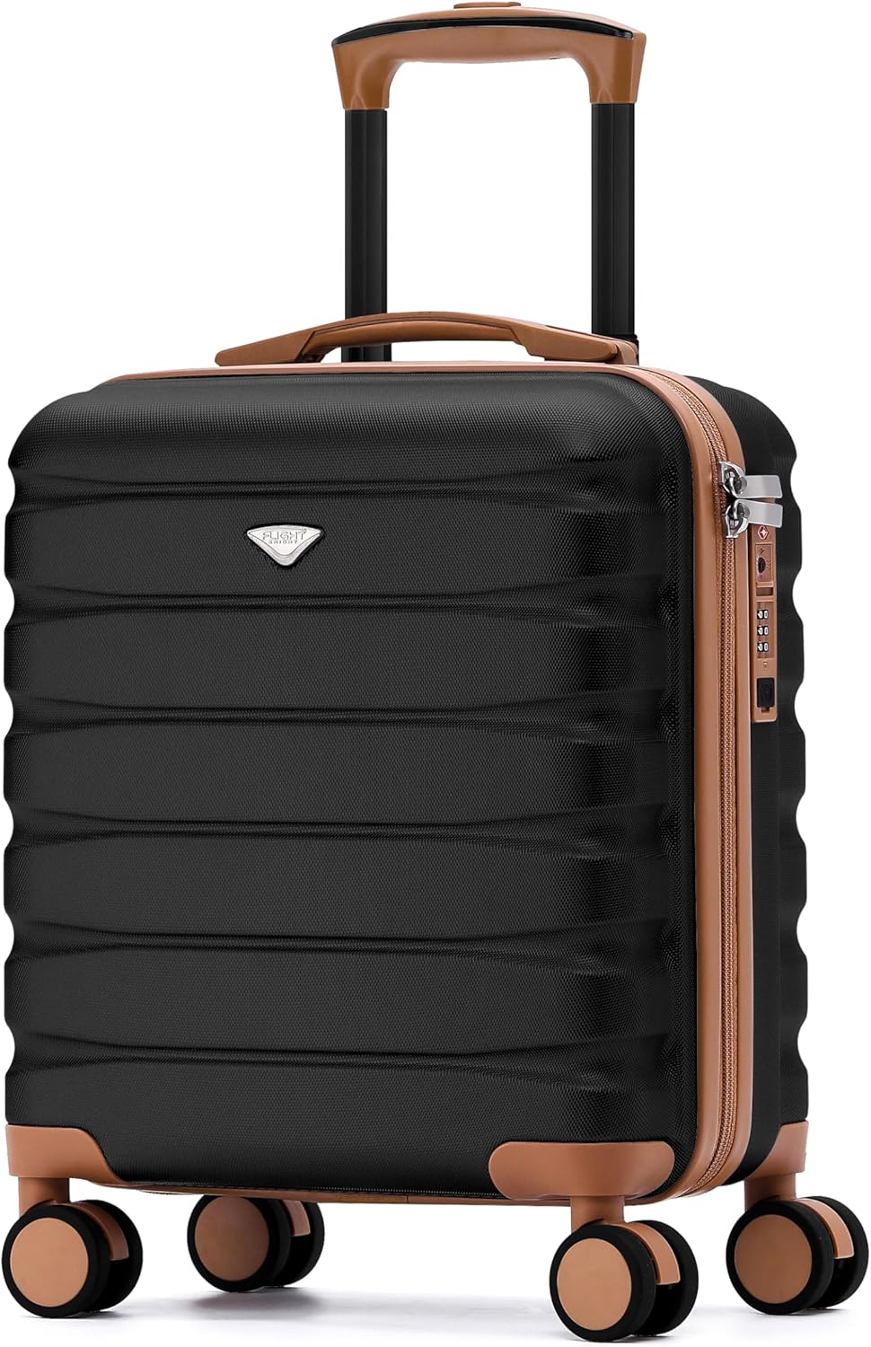 Flight Knight Carry On Suitcase 18x14x8 Hardside Built In TSA Lock USB Port Lightweight Luggage Silent Double Spinner Wheels Maximum Underseat Carry-On Bag For American United Approved Black\/Tan