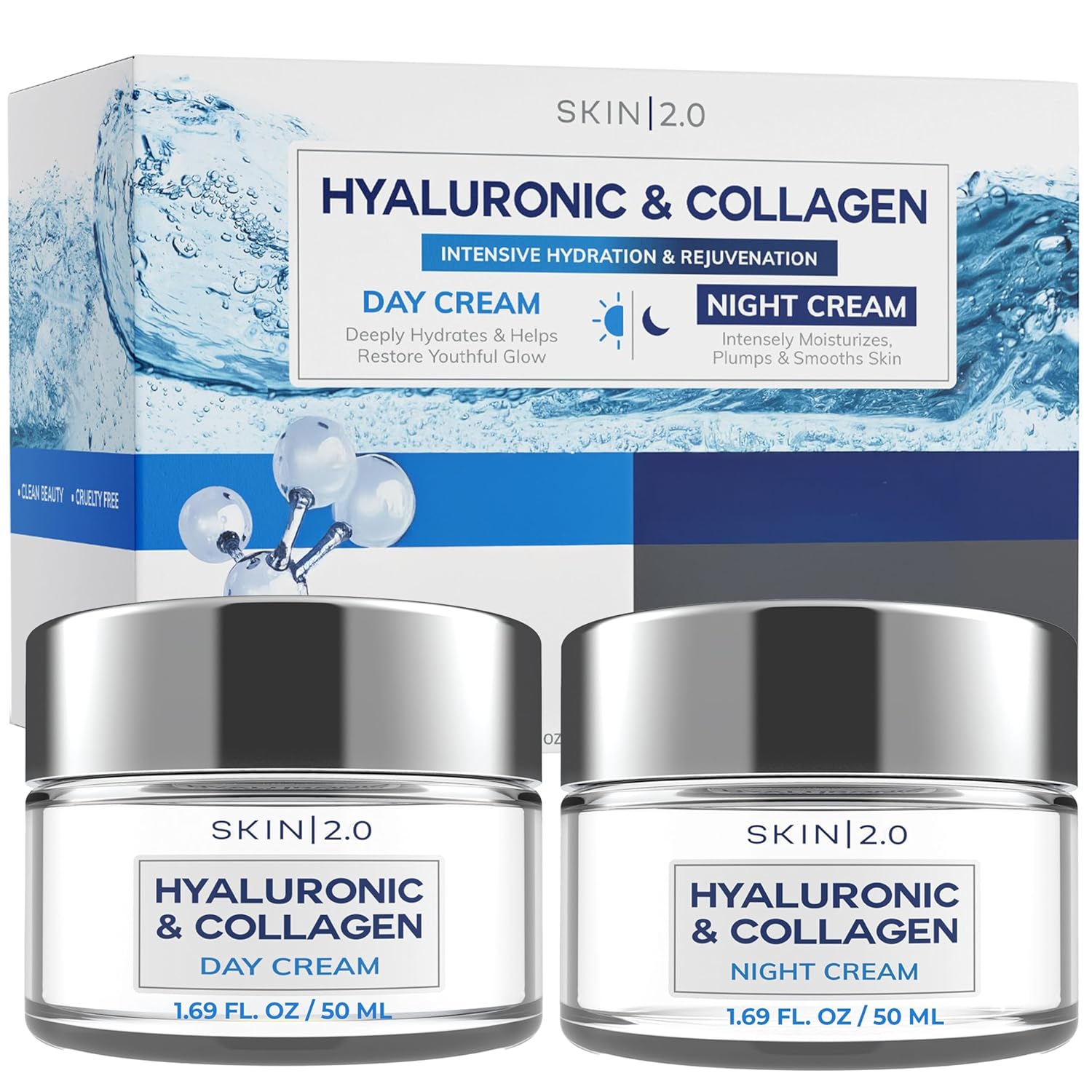 Skin 2.0 Hyaluronic Acid &amp; Collagen Face Moisturizer \u2013 Deep Hydration &amp; Firming Cream for Smooth, Youthful Look \u2013 Dermatologist Tested, Korean Skin Care Set, Vegan, Clean Beauty \u20