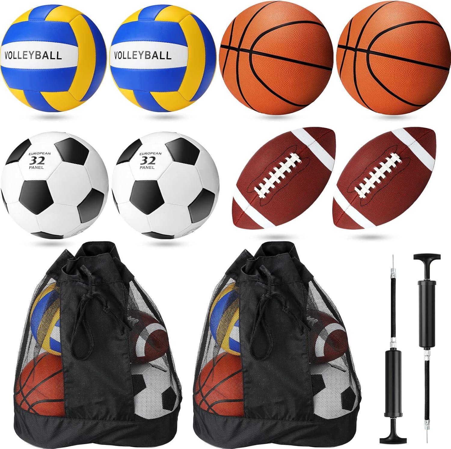 Chitidr 8 Pcs Sports Balls Set Include Basketball Football Soccer Volleyball with 2 Sport Equipment Bags 2 Pumps for Adult Outdoor Sports Gifts