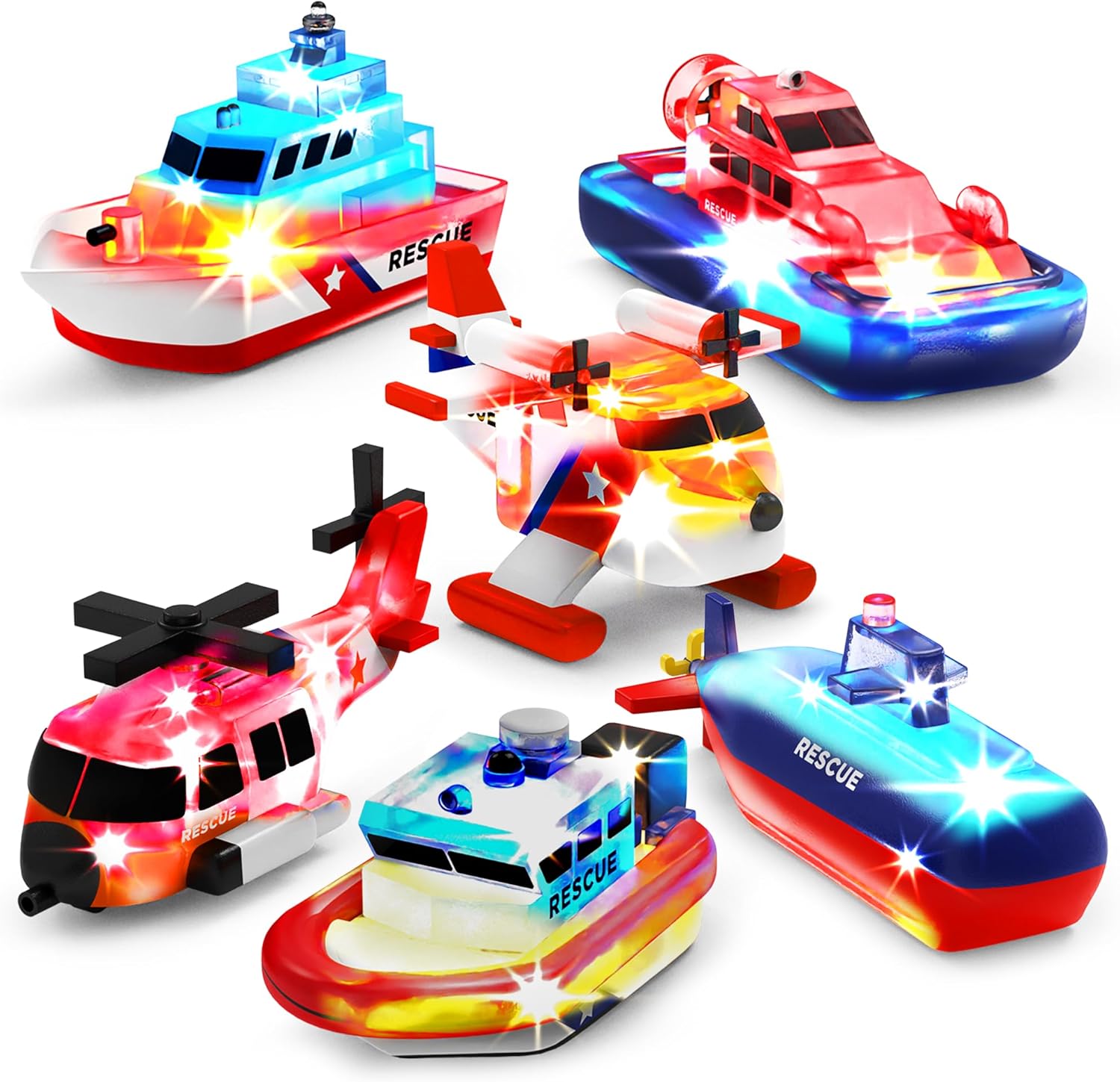 Tub Works® Ocean Rescue™ Vehicles Light Up Bath Toys, 6 Pack | Water-Activated Light Up Toys Flash &amp; Change Color | Easy-Grip Baby &amp; Toddler Bath Toys | Sensory Toys with Bath Lights for Kids 