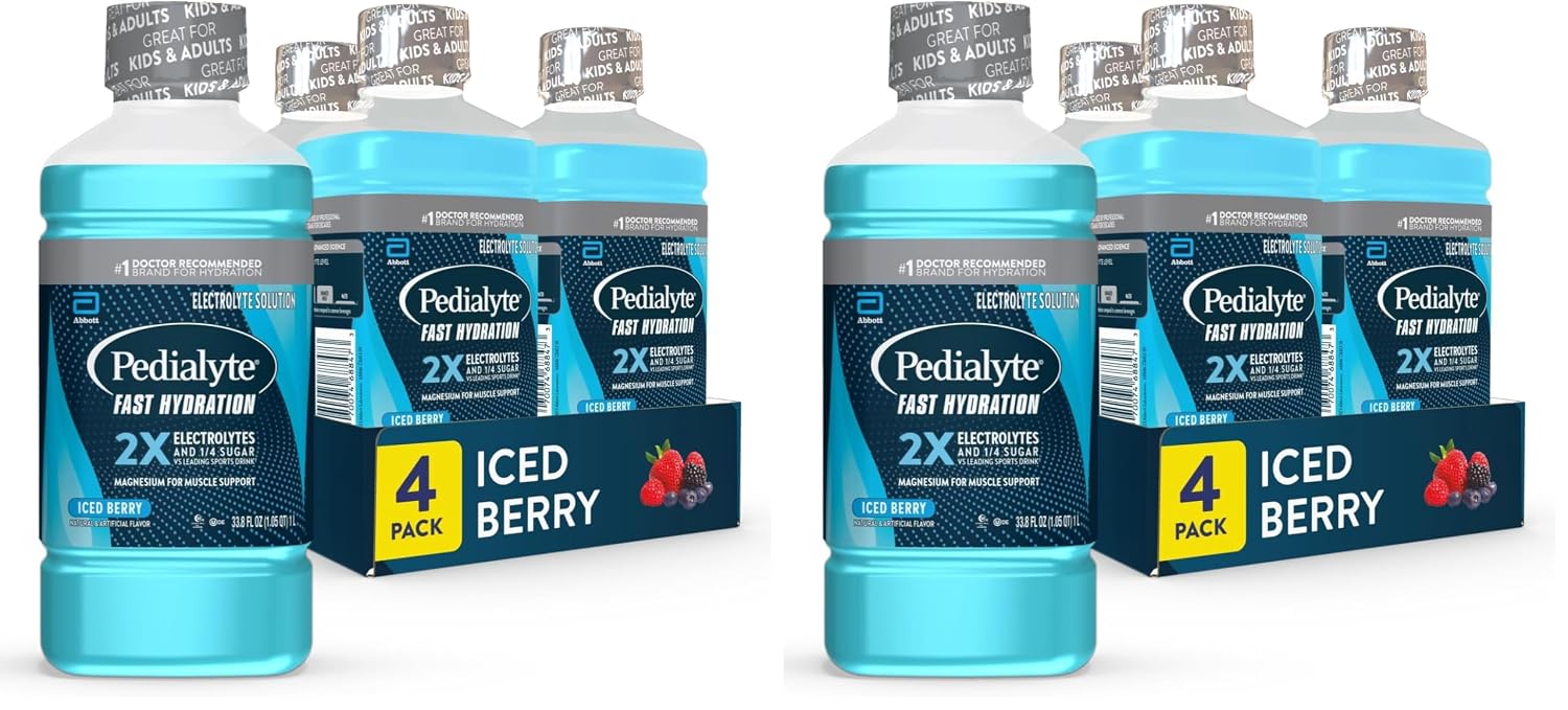 Pedialyte Fast Hydration Electrolyte Solution, Iced Berry, Hydration Drink, 4 Bottles, 1 Liter Each (Pack of 2)