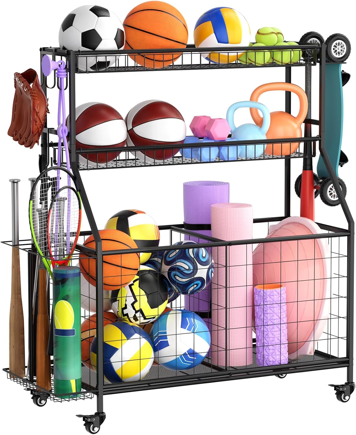 Sports Equipment Garage Organizer - Heavy Duty Garage Organization Ball Storage Rack with Basket, Hooks and Rolling Cart for Sports Gear and Toy Storage, Indoor\/Outdoor Use, Black