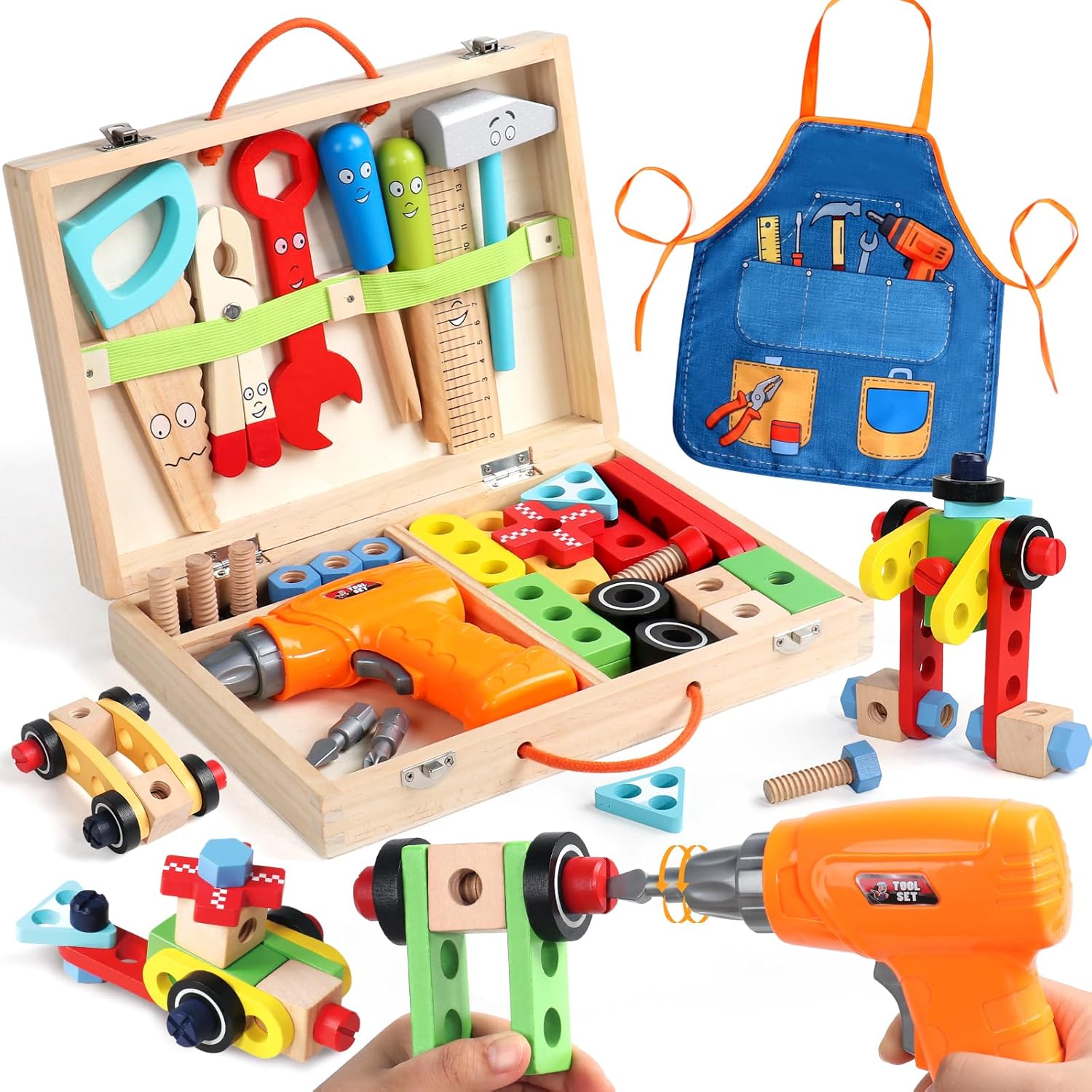 TONZE Kids Tool Set with Drill, Educational Montessori Toys for 3 Year Old Boys 44 Pcs STEM Kids Toys Wooden Toddler Tool Set with Apron &amp; Box Birthday Gifts for 3 4 5 Year Old Boy Girl