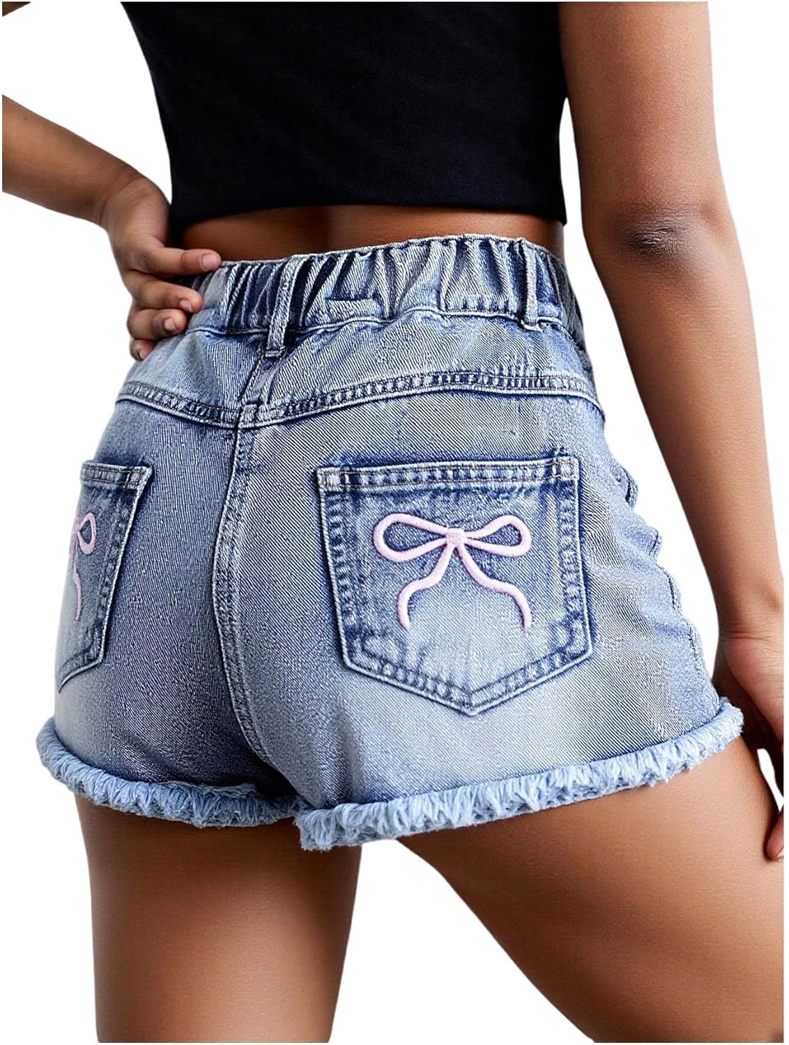 Floerns Girl's Cute Bow Embroidery Jean Shorts Elastic Waist Raw Hem Ripped Denim Shorts