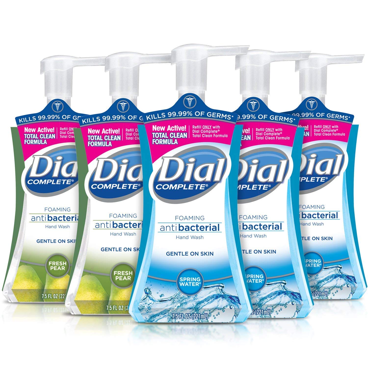 Dial Complete Antibacterial Foaming Hand Soap, 2-Scent Variety Pack, Spring Water\/Fresh Pear, 7.5 Fluid Ounces Each , 5 count (Pack of 1)