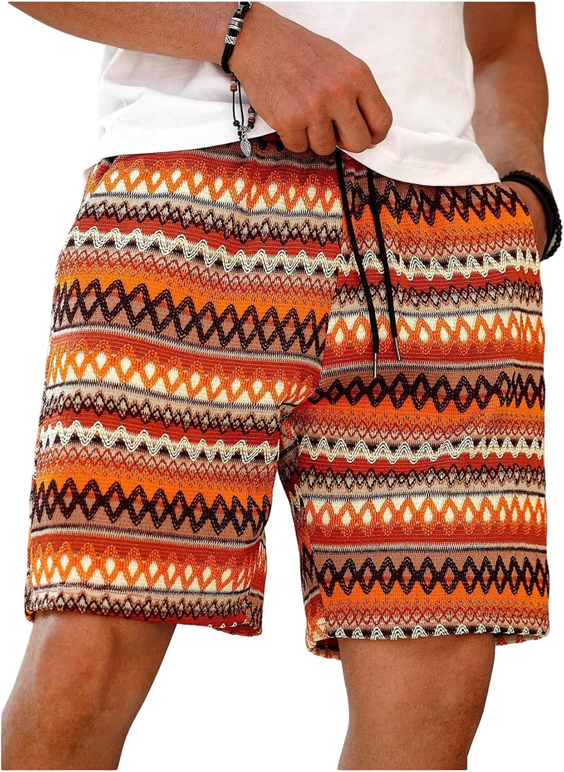 WDIRARA Men's Geometric Print Drawstring Waist Bermuda Shorts Boho Summer Beach Shorts with Pockets