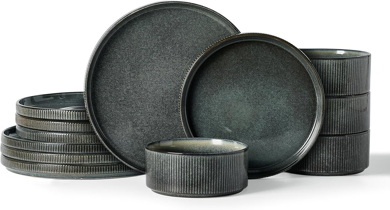 Famiware Star 12-Piece Stoneware Dinnerware Sets for 4, Reactive Glaze Plates and Bowls, Modern Rustic Dishes for Everyday &amp; Formal Use, Chip\/Scratch Resistant, Microwave\/Dishwasher Safe, Deep F