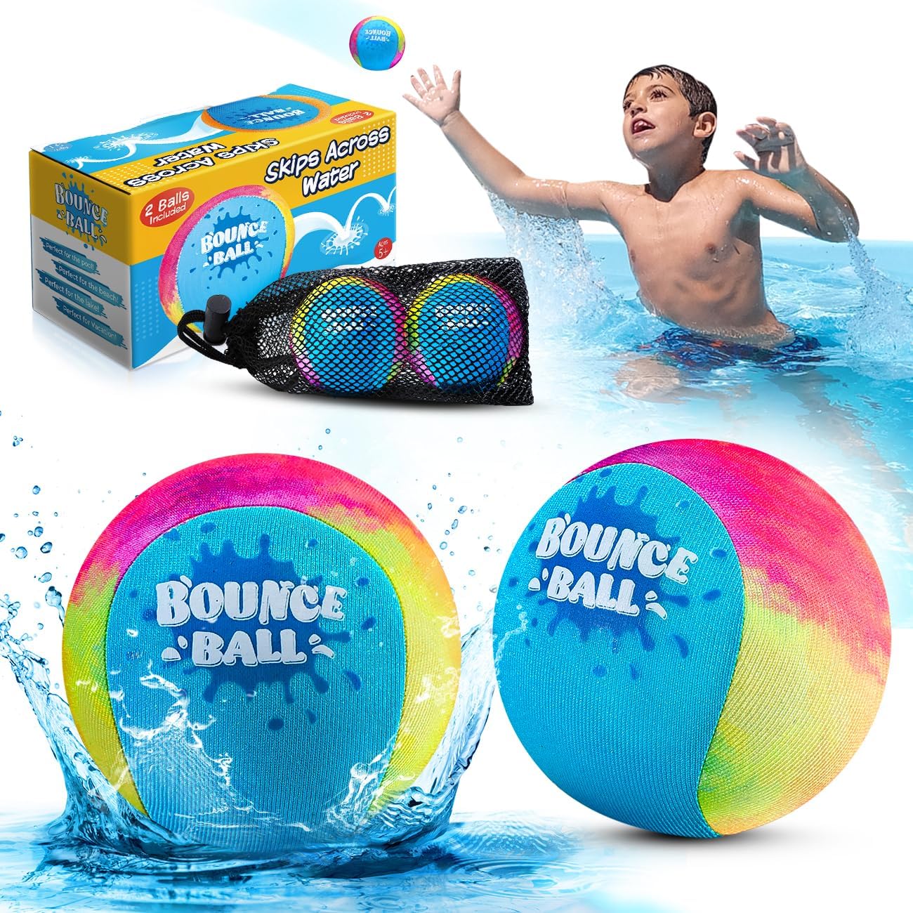 Bambilo Water Skipping Ball | 2-Pack Bounce Balls | Water Bouncing Beach Balls &amp; Grip Ball | Pool Toys for Kids Age 5-8-12 | Great Summer Water Toy for Beach Swimming Pool River Lake