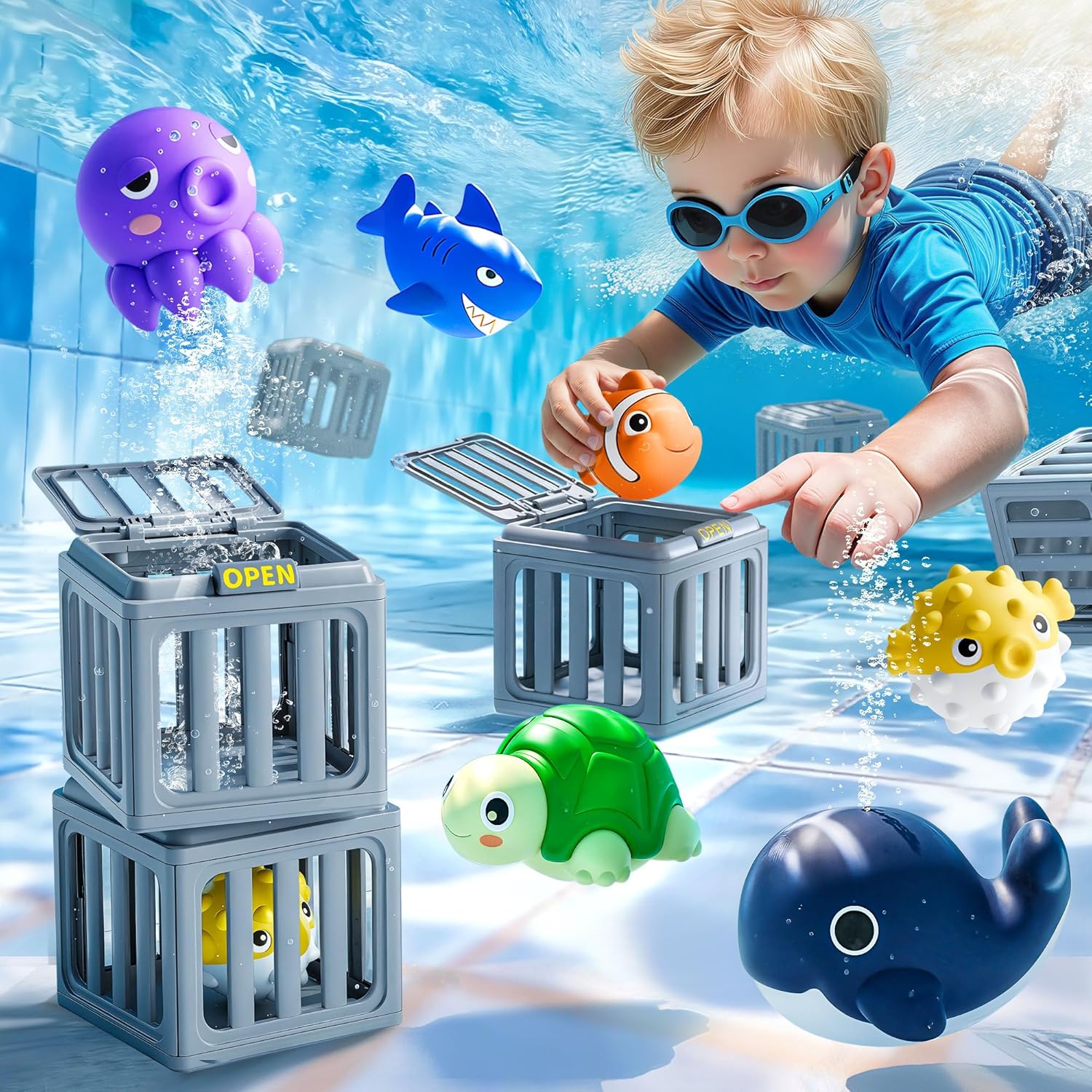 Funscape Kids Pool Diving Toys, Water Swimming Dive Pool Game, Toddler Bath Toy Play Set W\/ Fish Box Floating Animals, Fun Outdoor Beach Lake Swim Summer Party Gift 3 4 5 6 7 8 10 12 Year Old Boy Gir