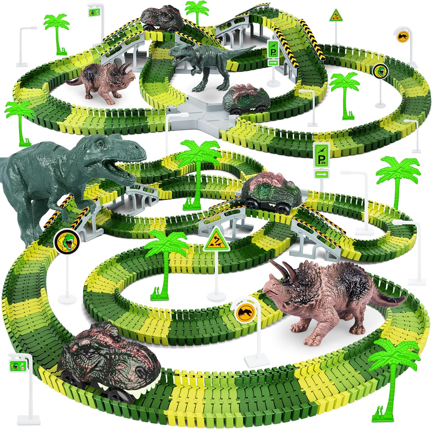 Dinosaur Toys,Create A Dinosaur World Road Race,Flexible Track Playset and 2 pcs Cool Dinosaur car for 3 4 5 6 Year &amp; Up Old boy Girls Best Gift
