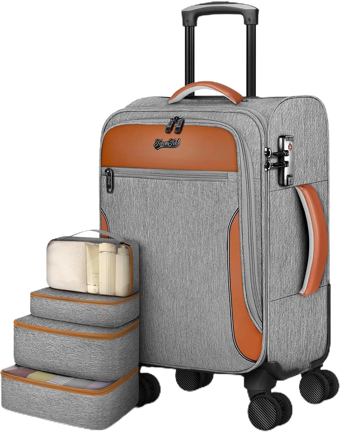 Carry On Luggage 22x14x9 Airline Approved, 20 Inch Softside Suitcase with 4 Pcs, Lightweight Luggage for Women Men with TSA Lock and 4 Spinner Wheels, Soft Side Carry-on Suitcases for Travel, Grey