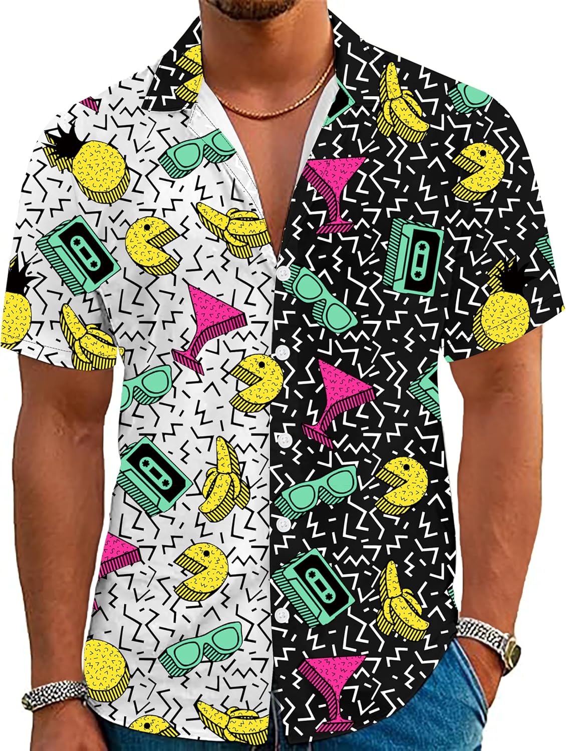 YZMI 80s 90s Outfit for Men Short Sleeve Button Down Hawaiian Shirt Funny Vintage Retro Beach Shirts