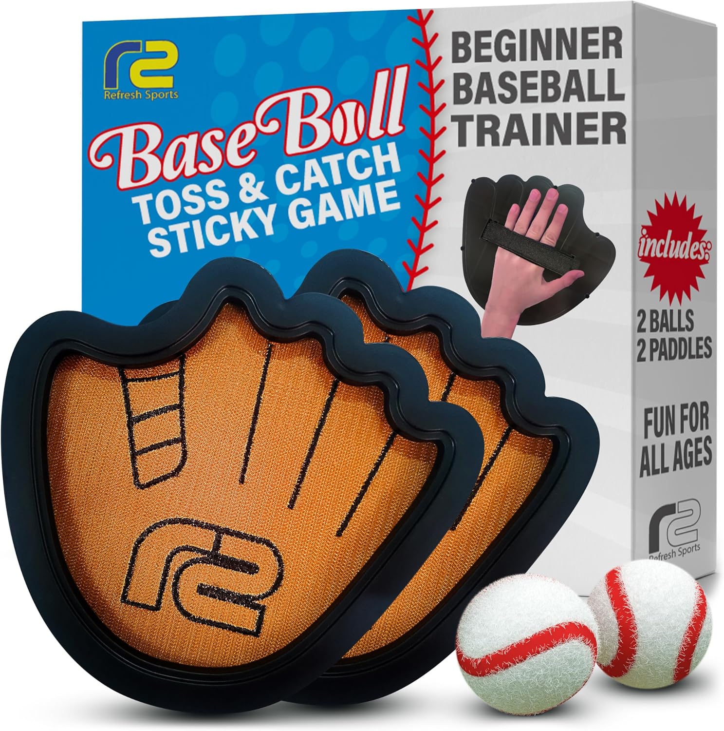 Toss and Catch Ball Game Set - Easy to Use Sticky Balls &amp; Beginner Baseball Training Glove - Premium Toy Paddle Fits All Hand Sizes From Toddlers to Teens &amp; Adults - Fun Gift Idea for Boys and