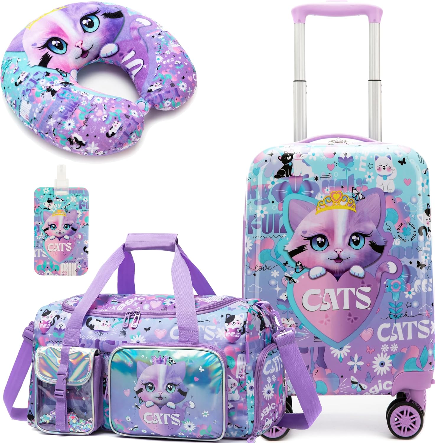 Inprof Kid's Cute Cat Luggage Set 3 Piece Suitcase Set 16" Hardside Luggage with Spinner Wheels Girls Carry on Toddler Suitcase with Travel Duffle Bag Airline Approved