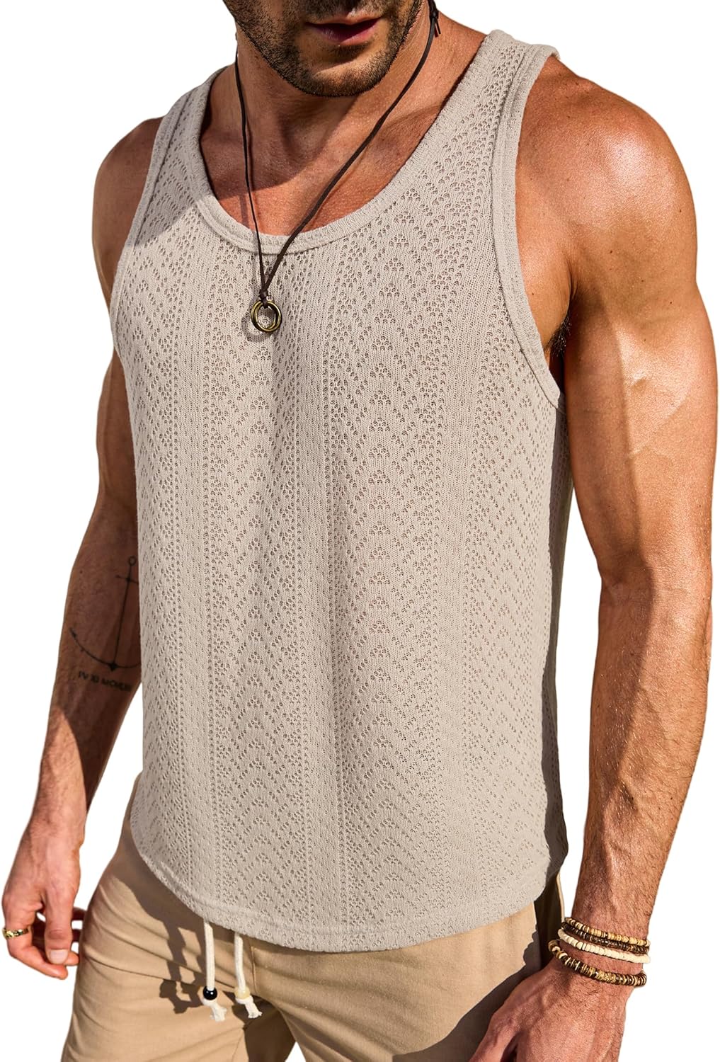 VOGSTART Men Knit Crochet Tank Top Casual Textured Hollow Out Beach Vest(S-XXL)