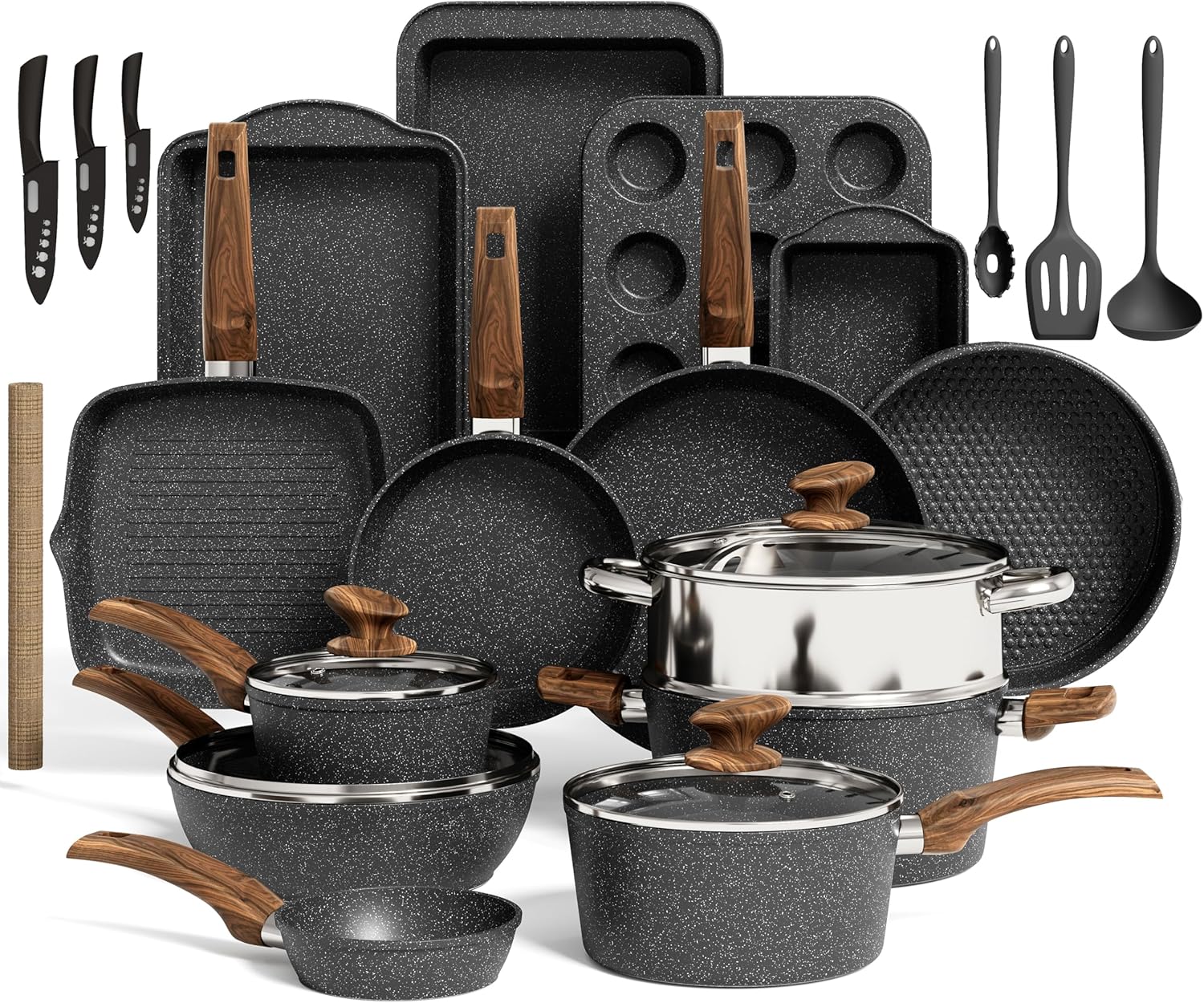 Kitchen Induction Cookware &amp; Bakeware Set - 30 Piece Black Granite Cooking Pans Set, Non-Stick Pots and Pans Set