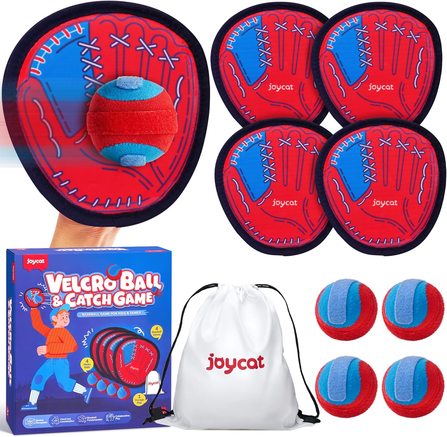 JoyCat Toss and Catch Ball Game for Kids, 4 Paddle Sticky Ball Set, Toddler Baseball Catch Toy, Outdoor Game for Beach, Yard&amp;Camping, Family Sports Easter Basket Stuffer Gift for Boys Girls Ages 3