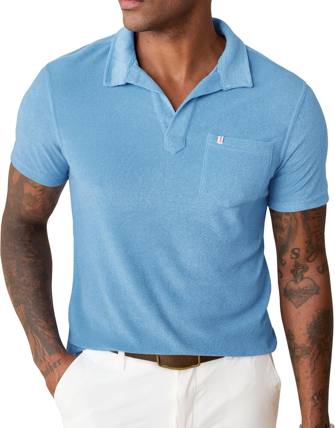 Herberton Mens Terry Cloth Polo Shirts Johnny Collar Casual Shirt with Pocket (S-XXL)