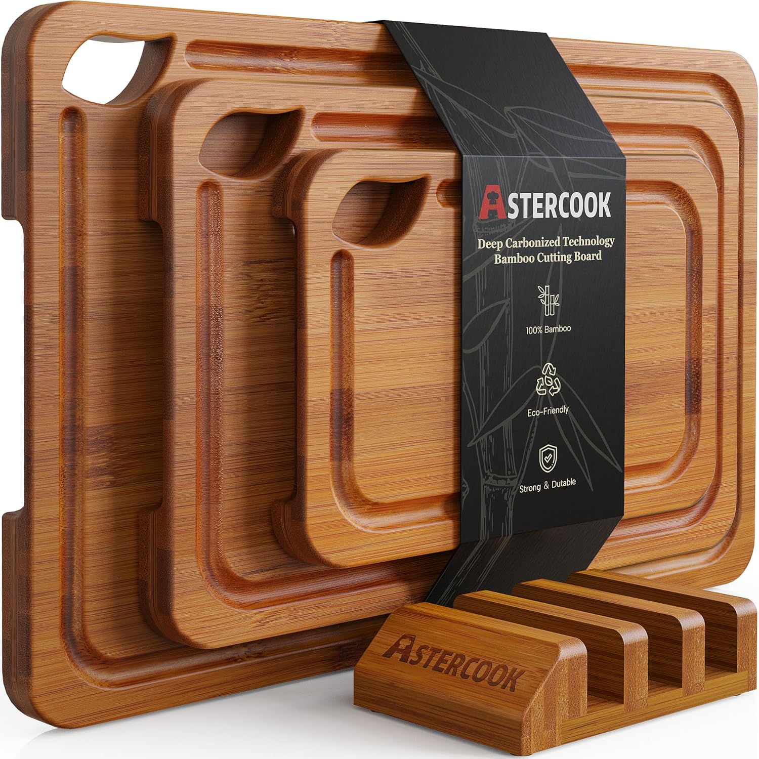 Astercook Deep-Carbonized Bamboo Cutting Boards for Kitchen with Wood Storage Stand, Reversible Charcuterie &amp; Chopping Boards with Juice Grooves and Easy-Grip Handles, Fathers Day Gift for Men